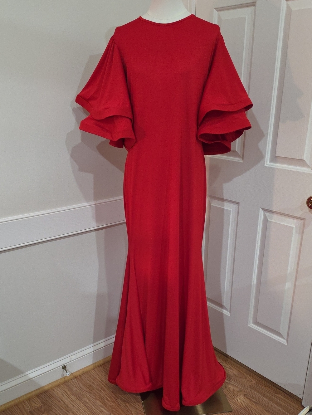EIEN U.S.A. Vintage-Glam Crimson Red Tiered Bell Sleeve Formal Maxi Gown-Size 3X